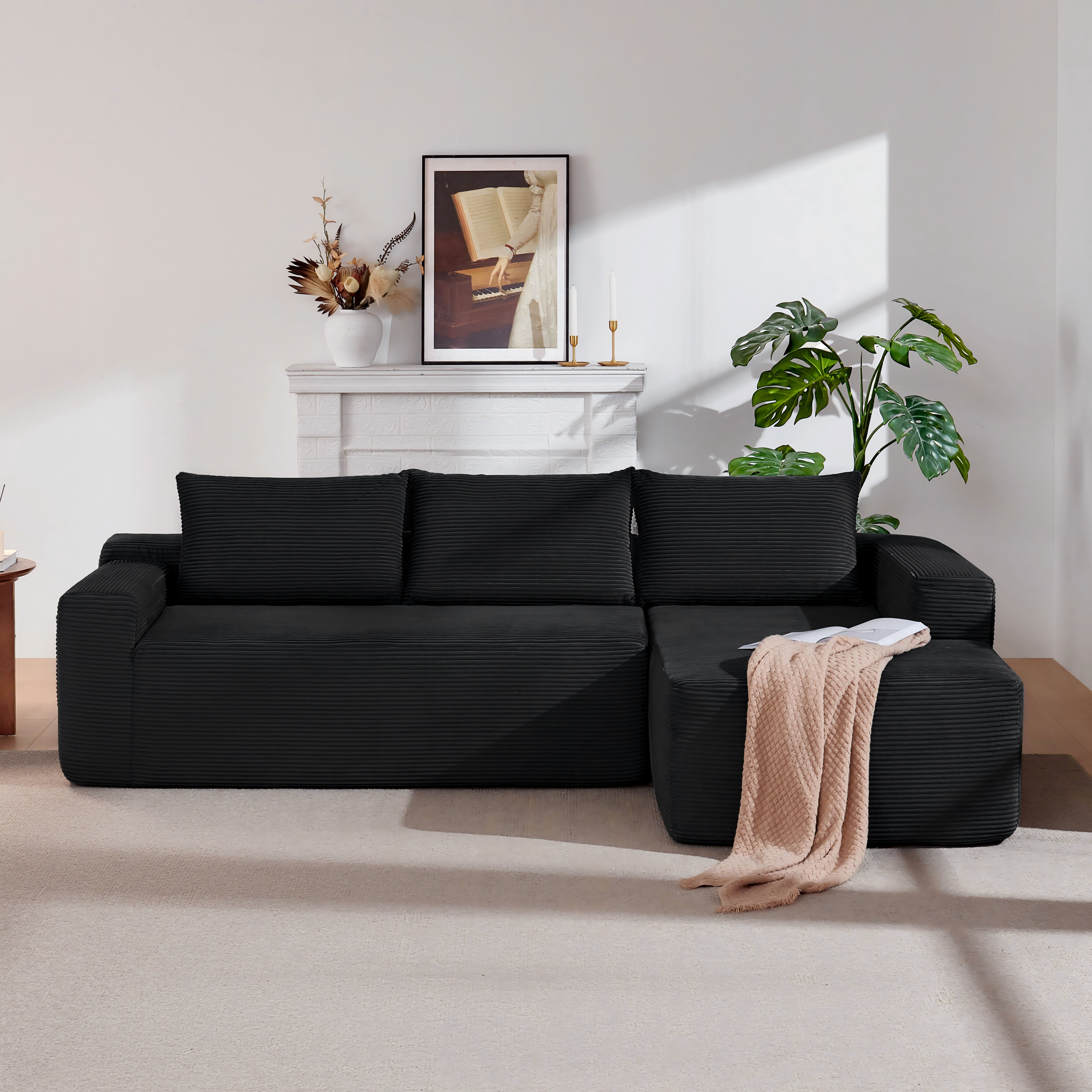 Modern Modular Corduroy Sectional Sofa With L-shaped Chaise Black_voghion.com